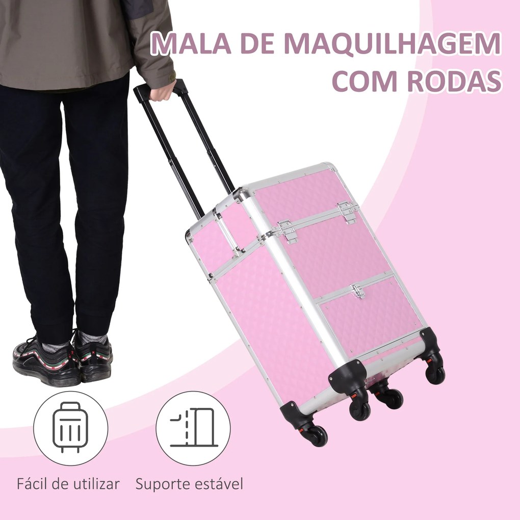 Mala de Maquilhagem Profissional com Gaveta Mala de Maquilhagem com Rodas para Viagem Trabalho 34x25x62 cm Rosa