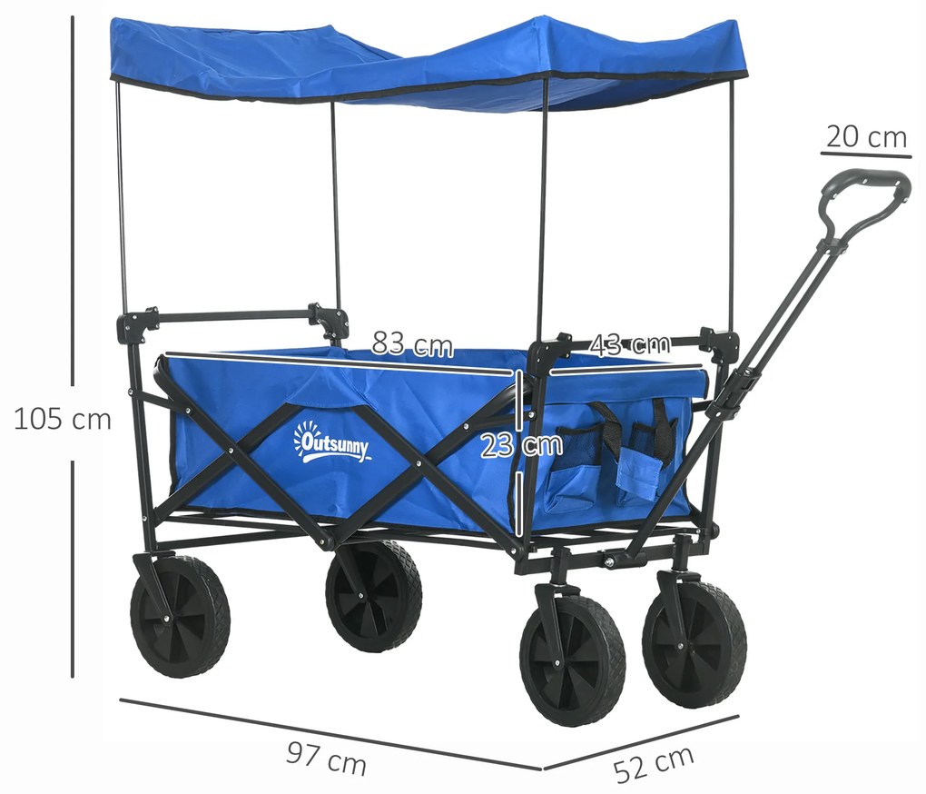 Carrinho de Transporte Dobrável com Toldo Removível e Alça Ajustável Capacidade 100 kg para Campismo 97x52x105 cm Azul