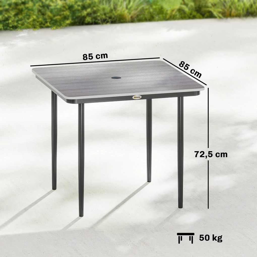 Mesa de jardim retangular para 4 pessoas 85 x 85 x 72,5 cm,, mesa de jantar de exterior com orifício para guarda-sol, cinzenta