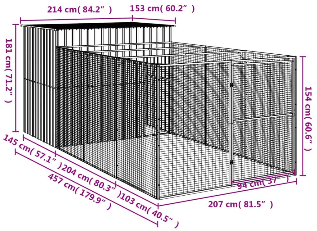 Casota cães c/ parque 214x457x181 cm aço galvaniz. cinza-claro