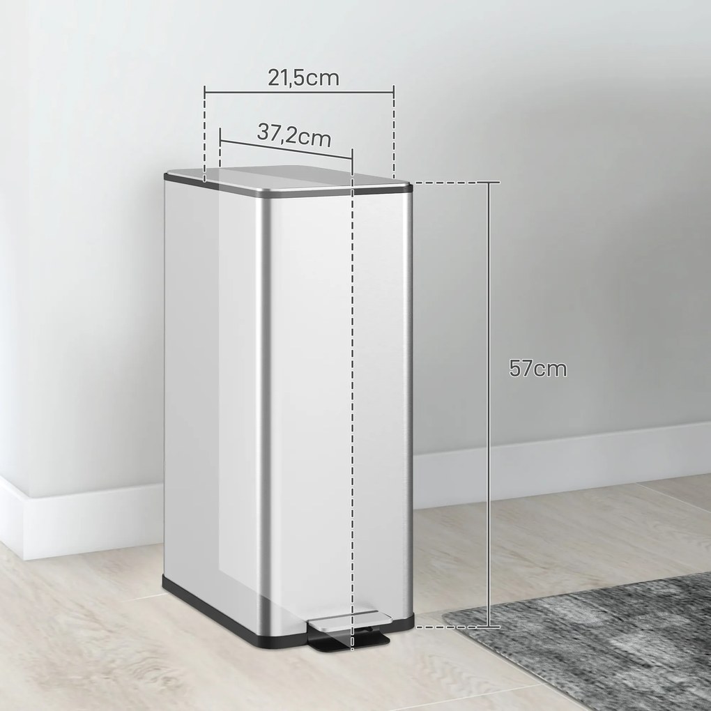 Caixote do lixo de cozinha de 20 L, 21,5 x 37,2  x 57  cm em aço inoxidável com tampa de fecho suave, compacto e com balde interior amovível prateado