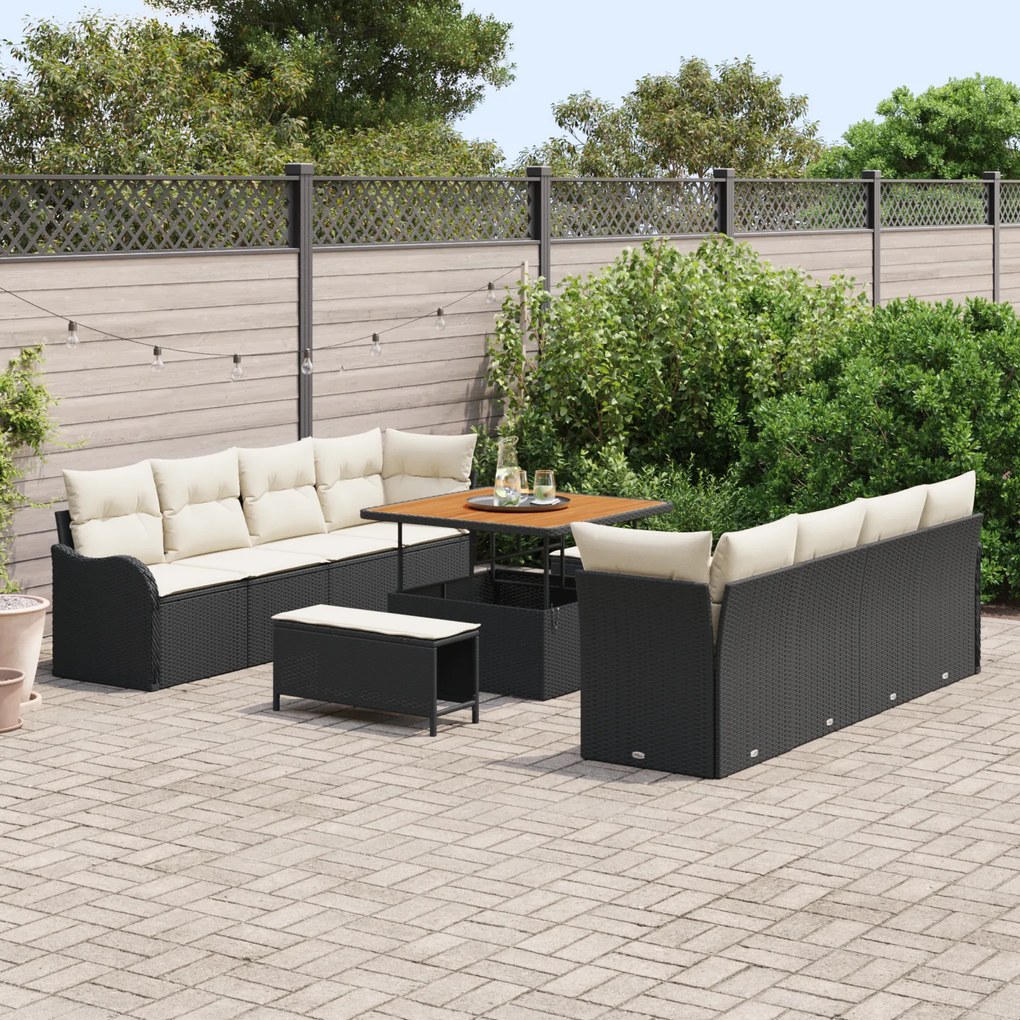 Conjunto de Sofá de Jardim vidaXL 11 Peças com Almofadas Preto Polirat