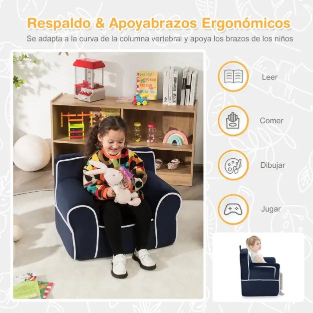 Poltrona Infantil Recheada de Espuma Estofada com Tecido de Veludo e Enchimento de Esponja Pequena 0-5 Anos 68 x 46 x 50 cm Azul