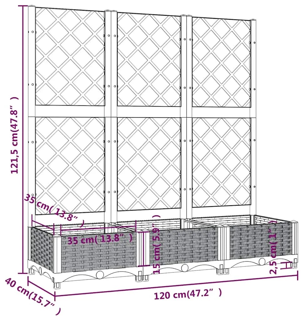 Vaso/floreira jardim c/ treliça 120x40x121,5 cm PP cinzento azul