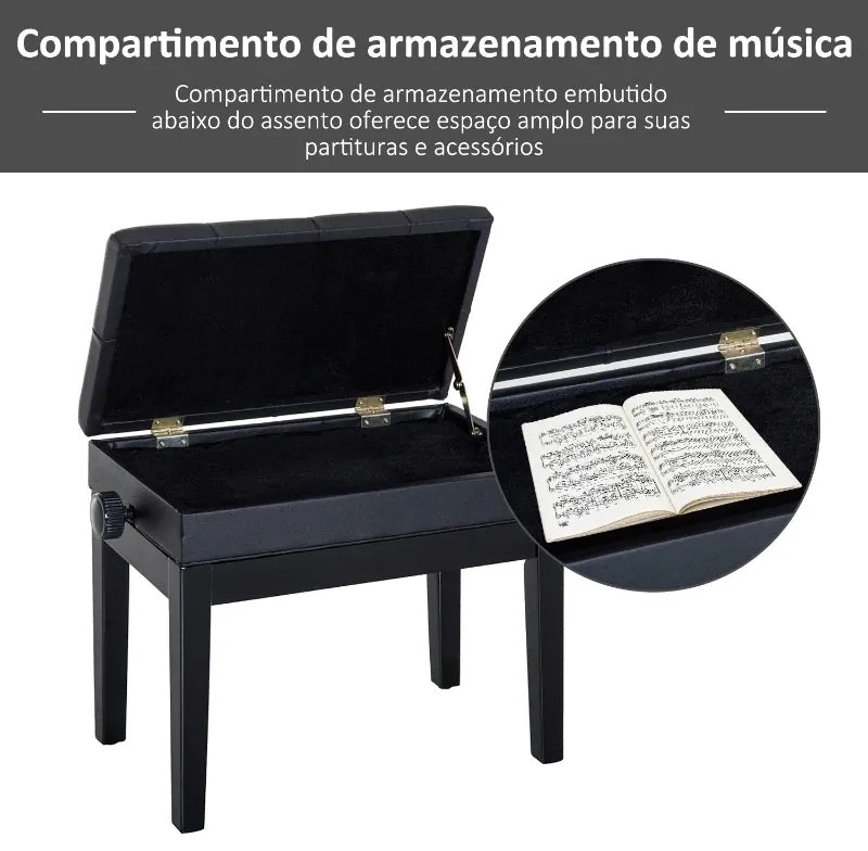 Banco de Piano – Altura Ajustável – 54,5x33x48-58 cm – Preto – Com Esp