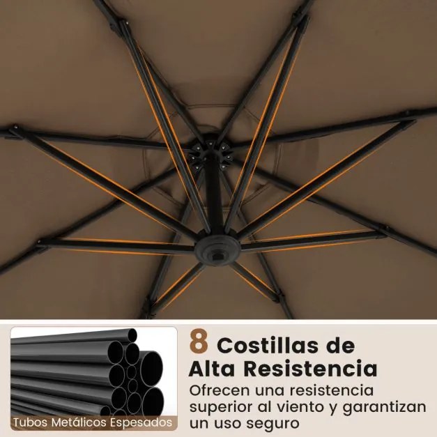 Guarda-sol redondo jardim 294 x 247 cm Guarda-sol suspenso com rotação de 360° Base cruzada 5 inclinações ajustáveis Castanho