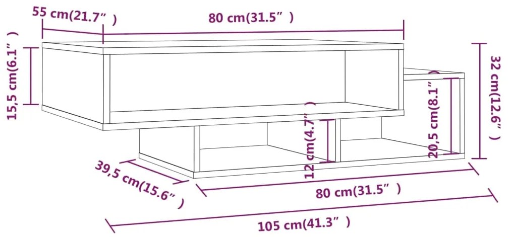 Mesa de centro 105x55x32cm derivados de madeira carvalho fumado