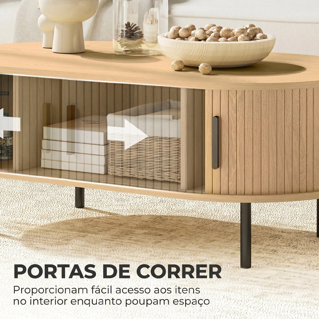 Mesa de Centro com Portas Deslizantes Mesa de Café Oval com Armazenamento Oculto 100x55x40 cm Natural