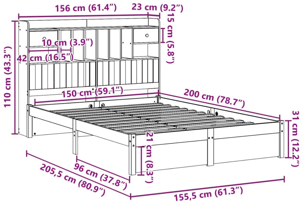 Cama com estante sem colchão 150x200 cm pinho maciço branco