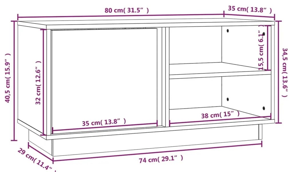 Móvel de TV 80x35x40,5 cm madeira de pinho maciça branco