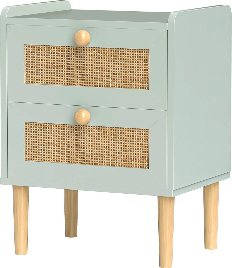 Mesa de cabeceira com 2 gavetas com efeito de vime natural e estrutura em madeira, 39,8 x 30 x 52,5 cm, verde-oliva