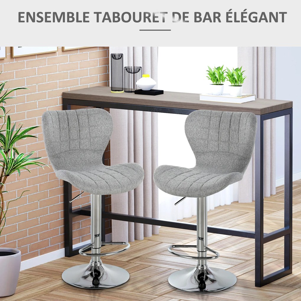 Conjunto de 2 bancos de bar, altura do assento ajustável entre 59 e 81 cm, giratórios a 360°, em linho cinzento