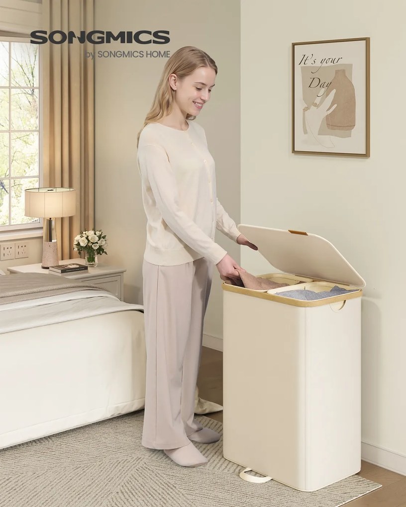 Cesto da roupa suja com tampa e saco removível 52 x 38,5 x 75 cm, 150 L, branco creme