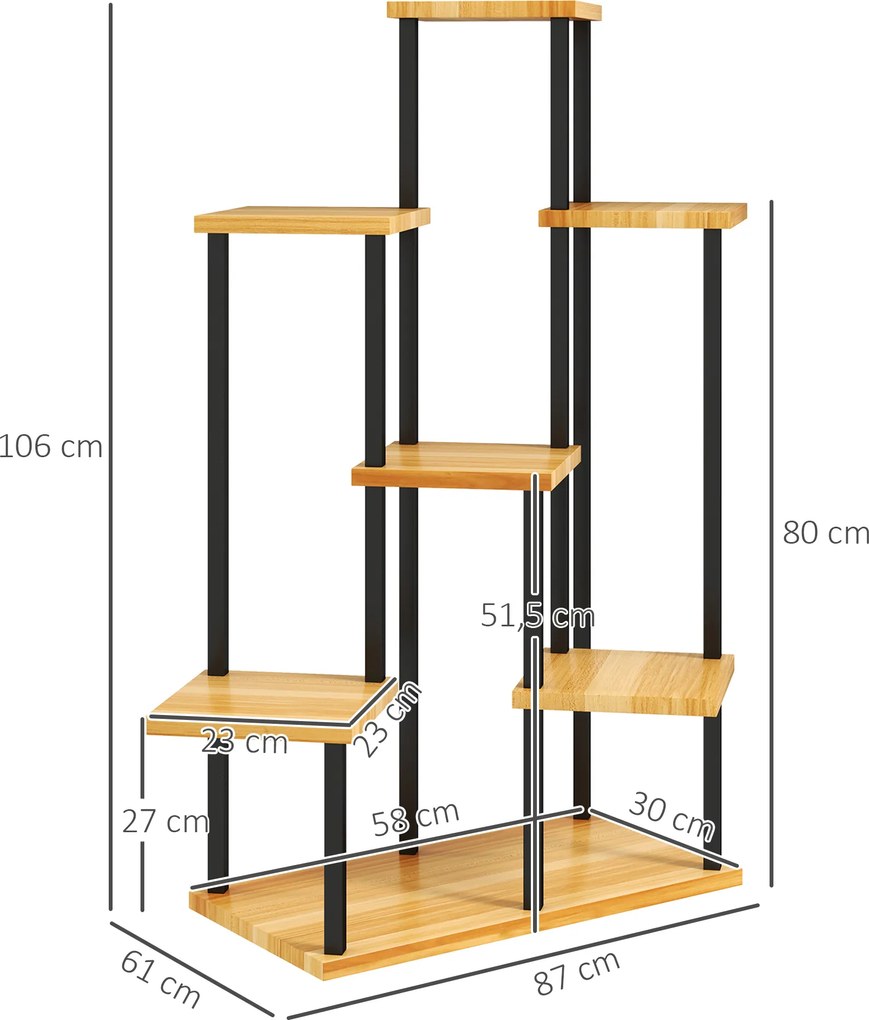 Suporte para plantas com 7 níveis para interior e exterior, prateleira para plantas em aço e madeira, madeira natural