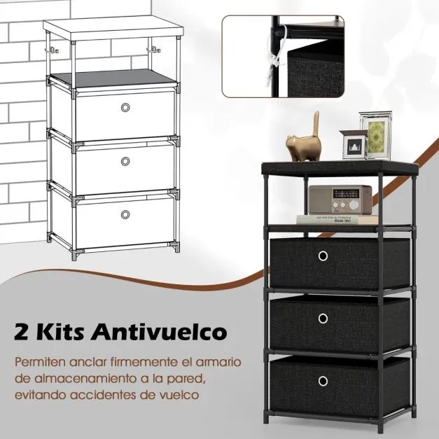Cómoda com  3 gavetas gavetas de tecido 40 x 30 x 81 cm com superfície de madeira e estrutura metálica Castanho rústico e preto