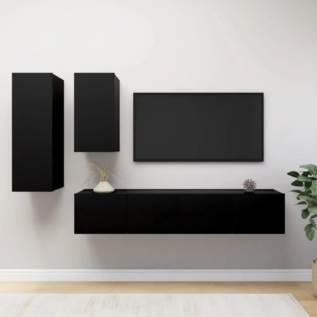 4 pcs conjunto de móveis de TV derivados de madeira preto
