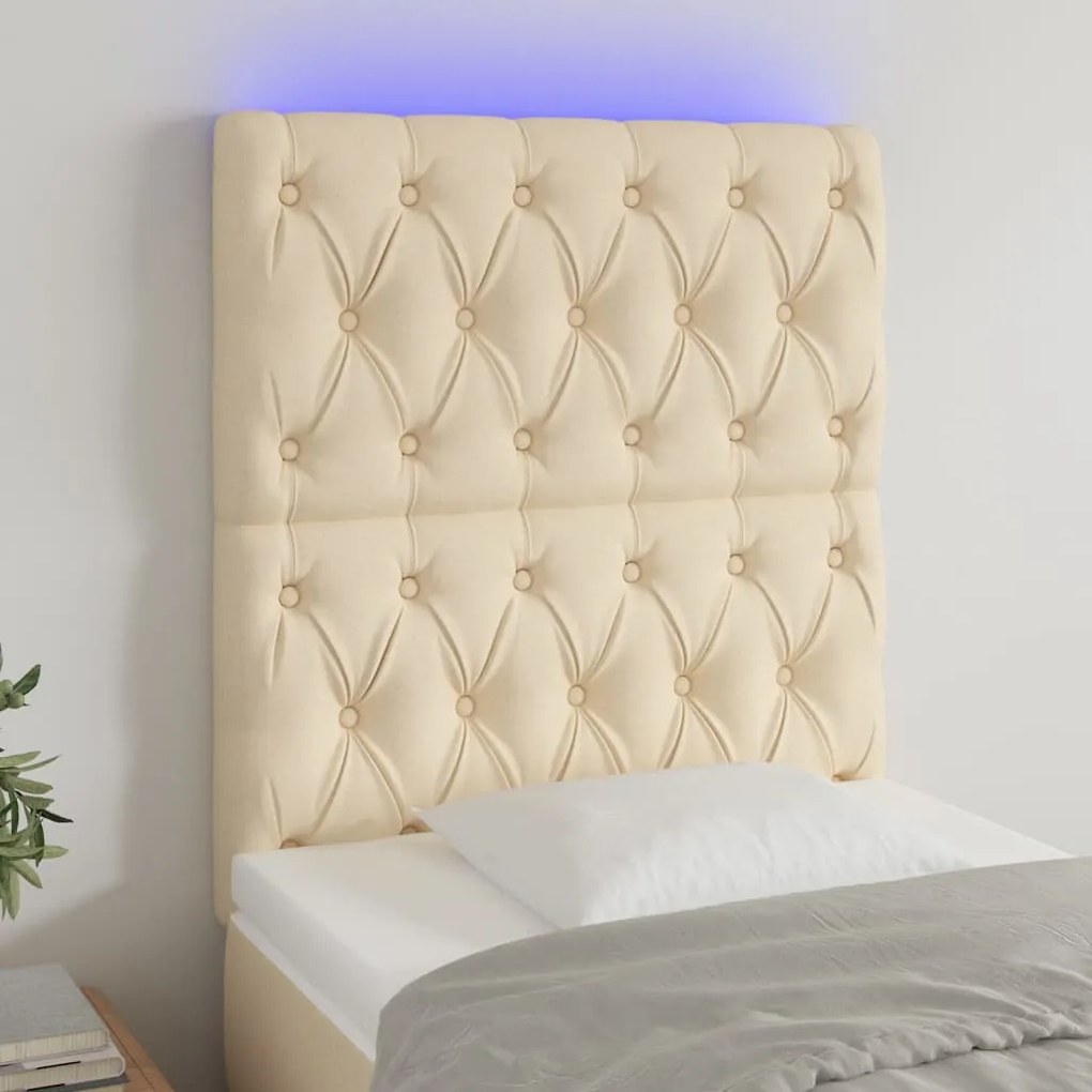 vidaXL Cabeceira de cama c/ luzes LED tecido 80x7x118/128cm cor creme