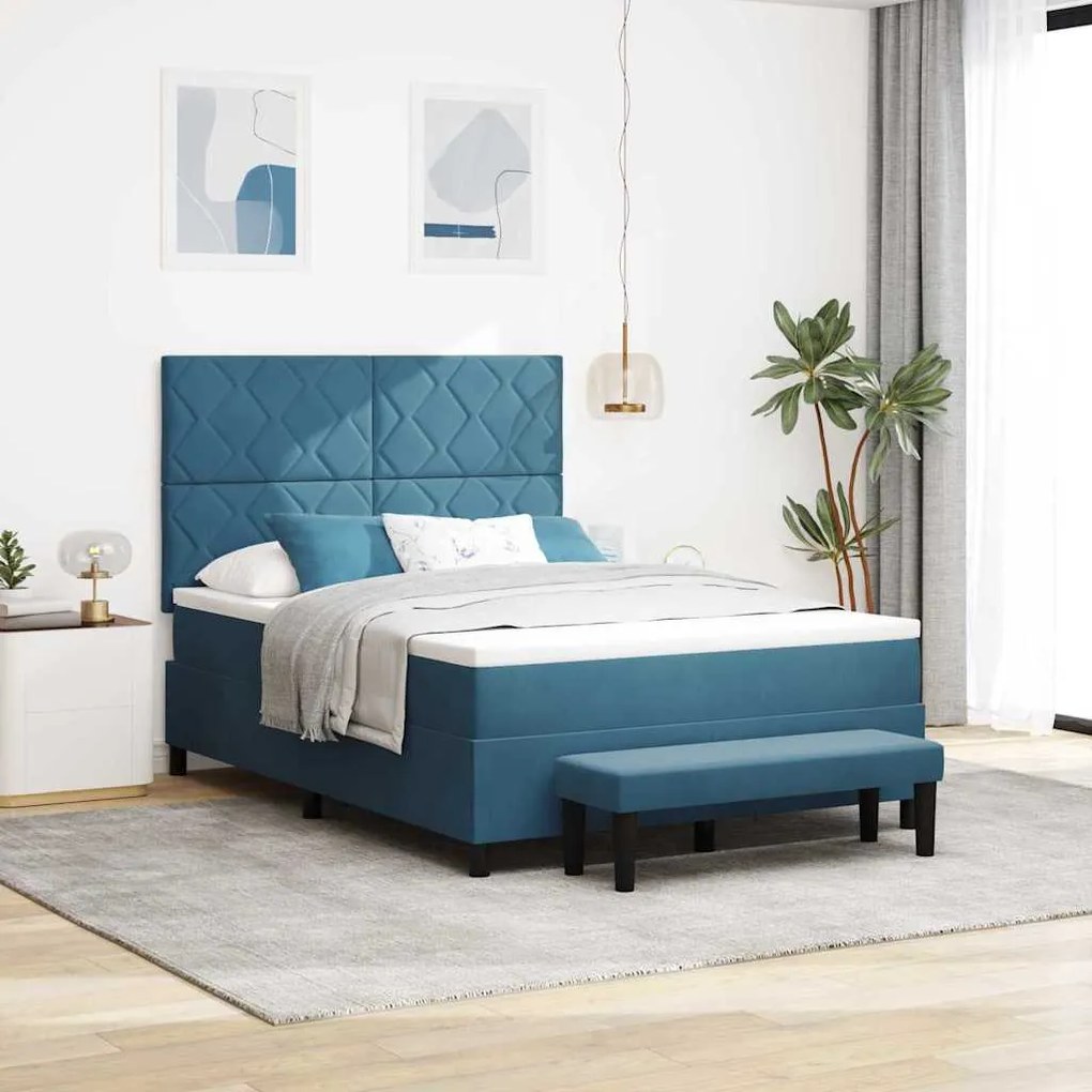 vidaXL Cama Box com colchão Azul escuro 160 x 200 cm Veludo