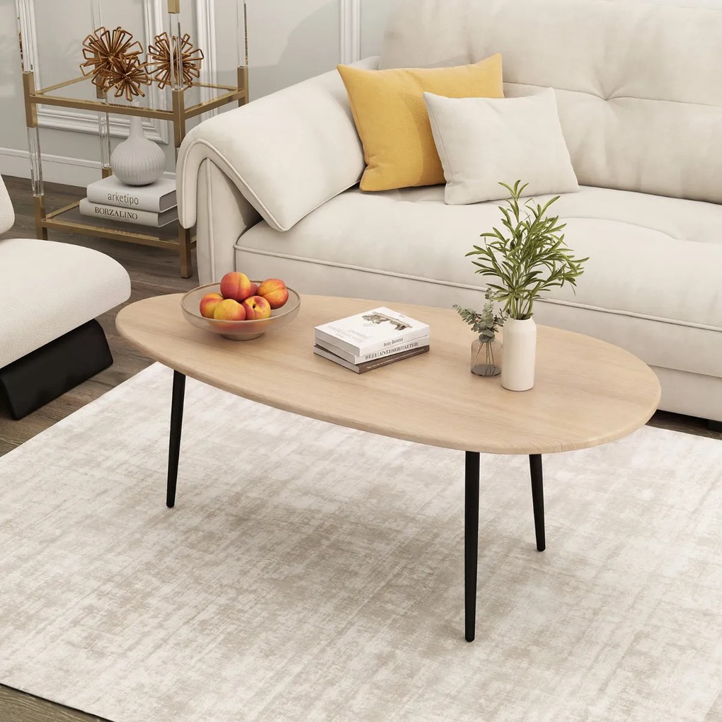 Mesa de centro oval, 108 x 56 x 44 cm em estilo Mid-Century com estrutura metálica para sofá, sala de estar Natural