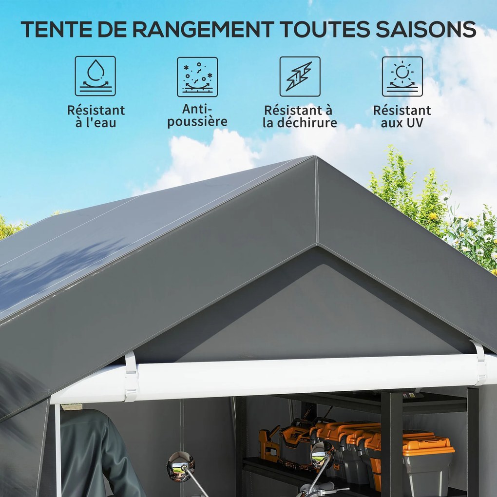Abrigo de jardim3 x 3 m, Revestimento em lona PE de 200 g/m² portátil para exterior com estrutura em aço galvanizado e porta ampla, cinzento