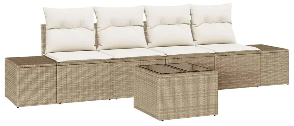 Conjunto de Sofá de Jardim de 5 Peças com Almofadas Bege Rattan Poliés