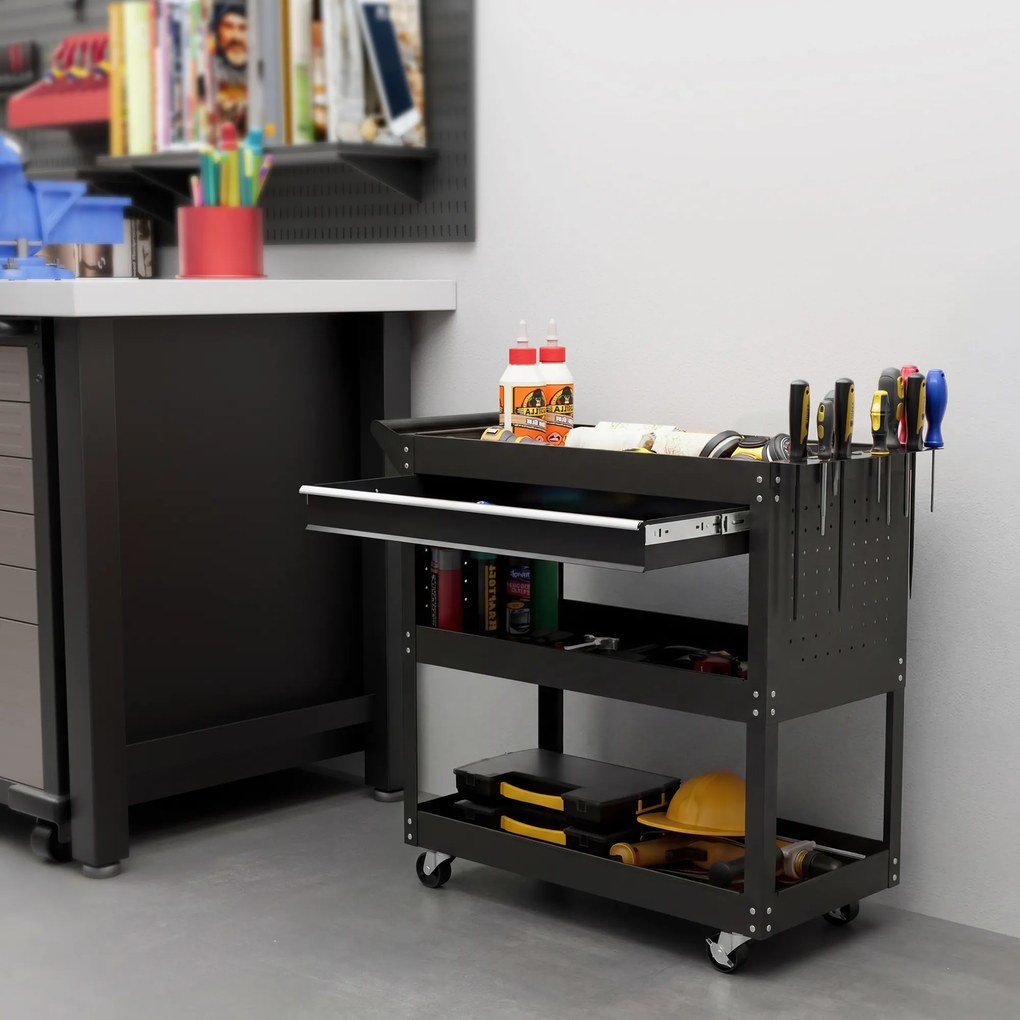 Carrinho de oficina com 3 prateleiras, gaveta, suporte lateral para ferramentas e pega, 82 x 35 x 76 cm, preto