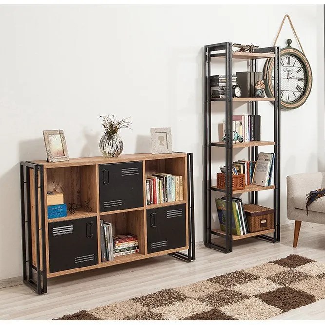 Conjunto de Mobiliário de Sala Cosmo – Pinho Atlântico Preto – Estante