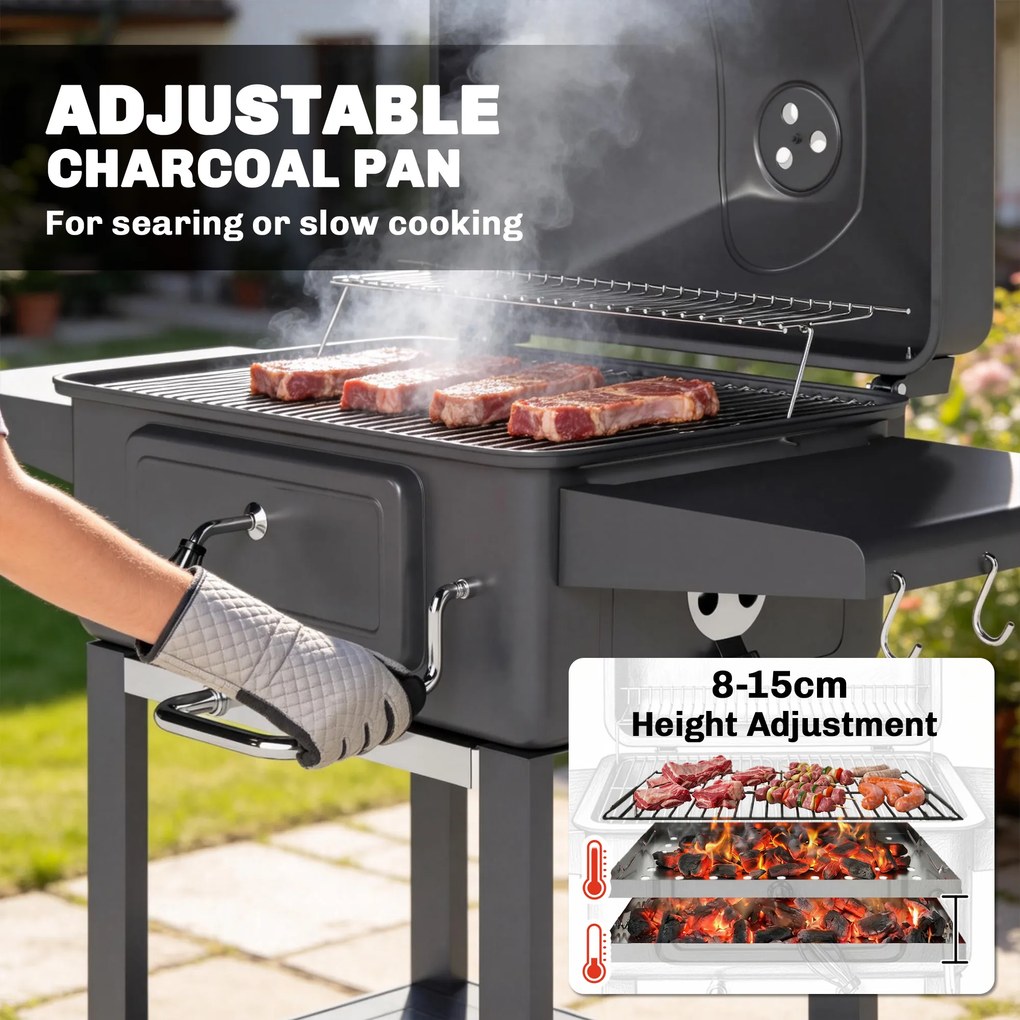 Grelhador de Carvão com Bandeja e Ventilação Ajustável Prateleiras Laterais Rodas Termómetro Tampa e Porta