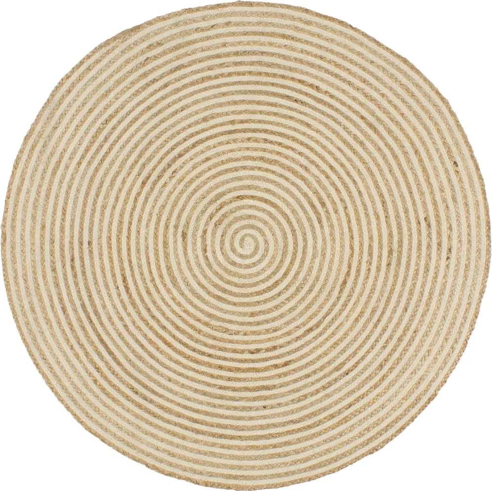 Tapete artesanal em juta com impressão em espiral branco 90 cm