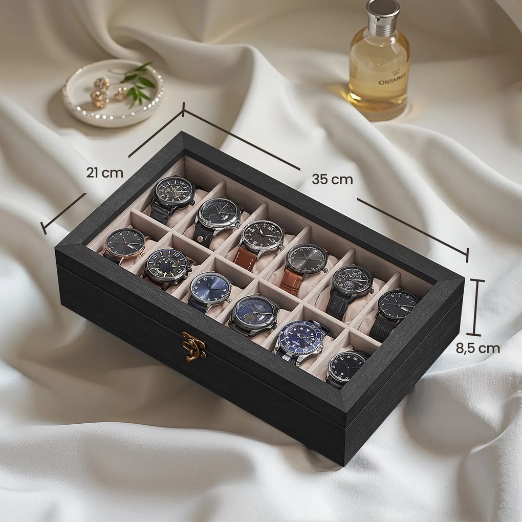 Caixa para relógios em madeira maciça 21 x 35 x 8,5 cm, com tampa de vidro e 12 compartimentos Preta