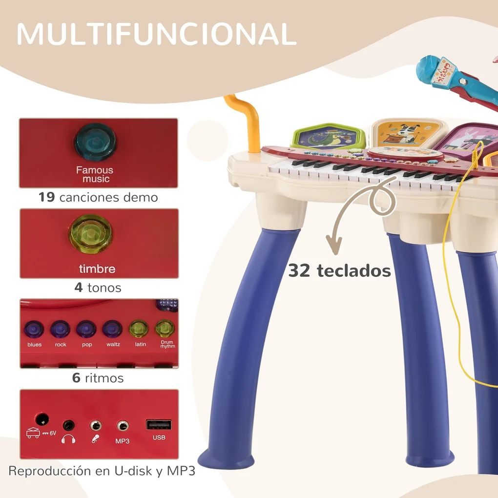 HOMCOM Piano para Crianças com 37 Teclas Piano Infantil com Microfone Banco  Luzes 22 Músicas e Entrada para MP3 e USB 48x39x69 cm Preto