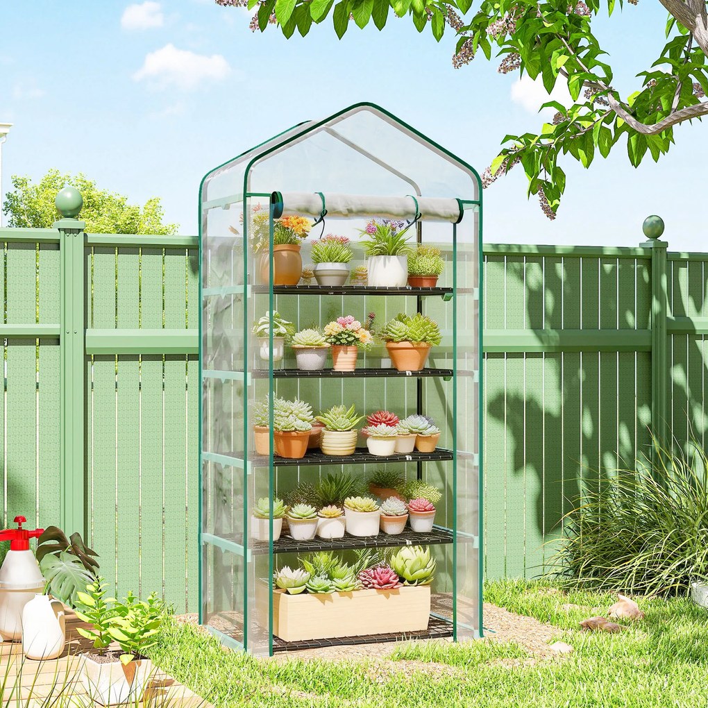 Estufa de jardim em PVC com 5 prateleiras, estufa de varanda, estrutura em aço, porta com fecho de correr, 90 x 49 x 193 cm, transparente