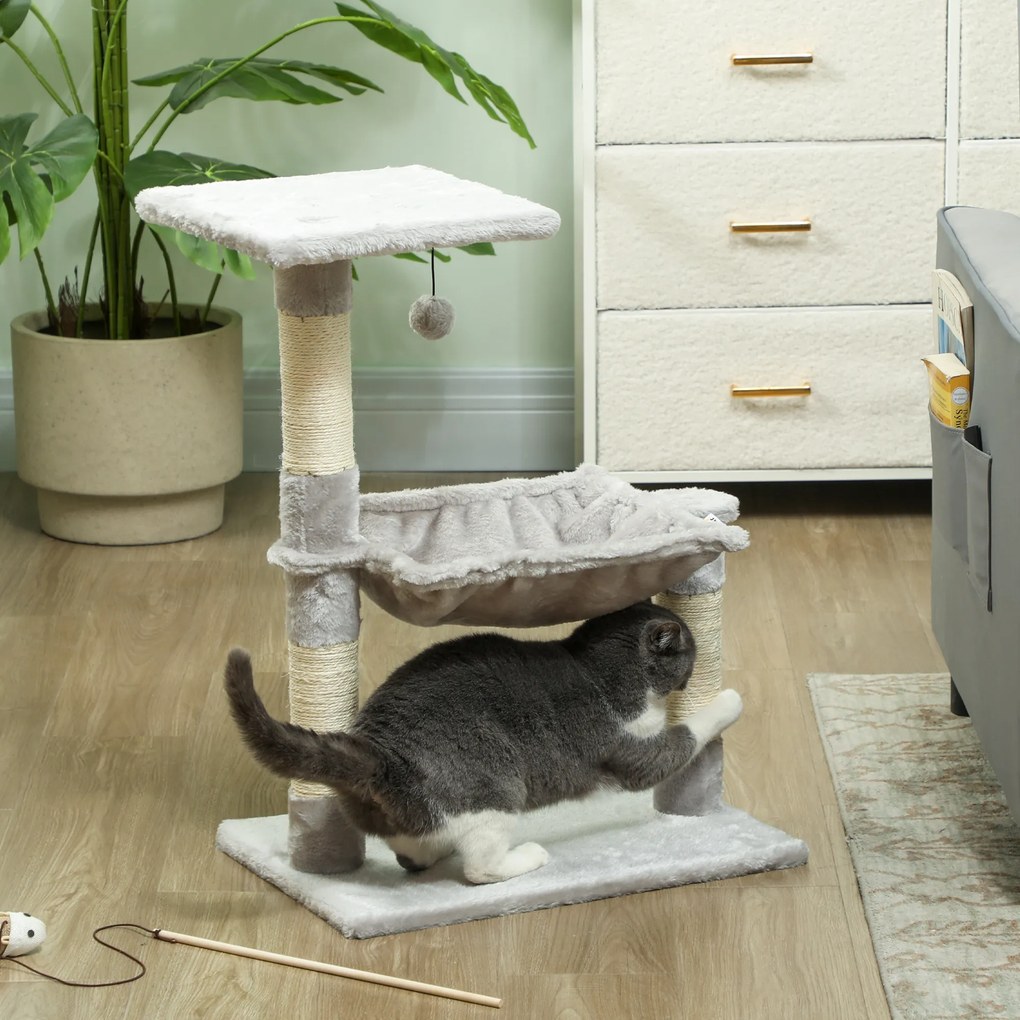 Arranhador para gatos com 3 arranhadores de sisal natural, plataforma, rede e bola suspensa, 50 x 26 x 70 cm, cinzento