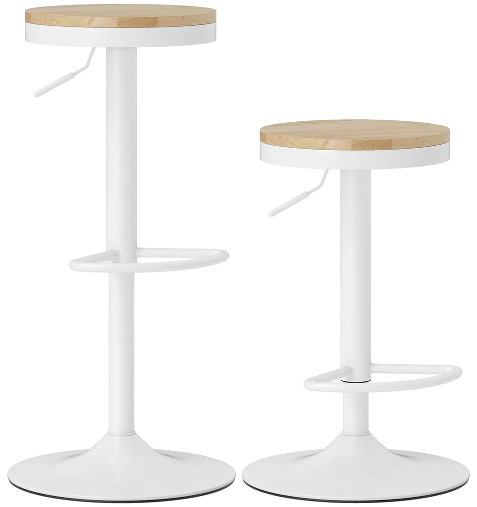 HOMCOM Conjunto de 2 Bancos de Bar Giratórios Bancos Altos de Cozinha com Altura Ajustável Assento em Madeira Estrutura em Aço e Descanso para Pés para Sala de Jantar Balcão 38,5x38,5x60-80 cm Madeira e Branco