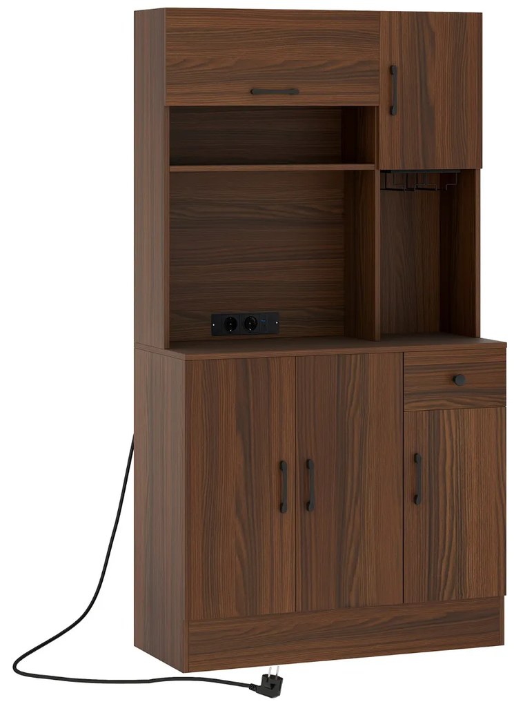 Armário para cozinha com 2 tomadas, 1 porta USB e 1 porta tipo C, gaveta e prateleiras ajustáveis 90 x 39 x 167 cm Cor Nogueira