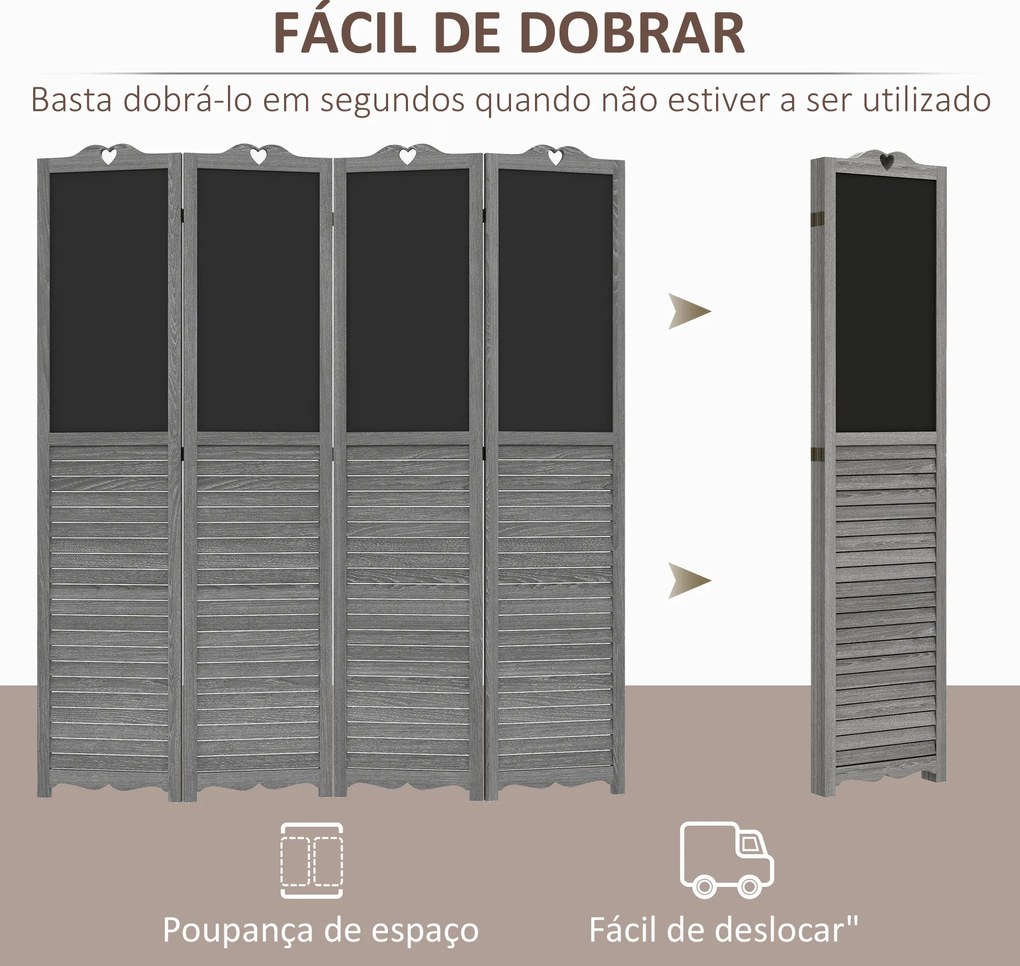 Biombo Separador de Ambientes Dobrável de 4 Painéis de Madeira com Quadros 162x172 cm Cinzento