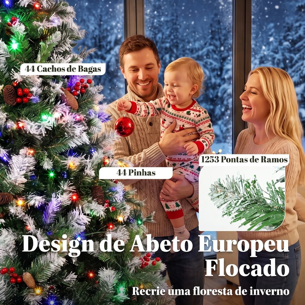Árvore de Natal Nevada 210 cm com 400 LED 11 Modos Comando à Distância 1253 Pontas 44 Pinhas e 44 Bagas