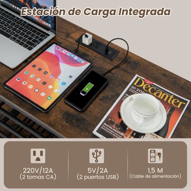 Garrafeira Armário para vinhos Estante de 3 níveis para vinhos com suportes para copos Tomadas eléctricas Estante para vinhos de bar 120 x 40 x 92 cm