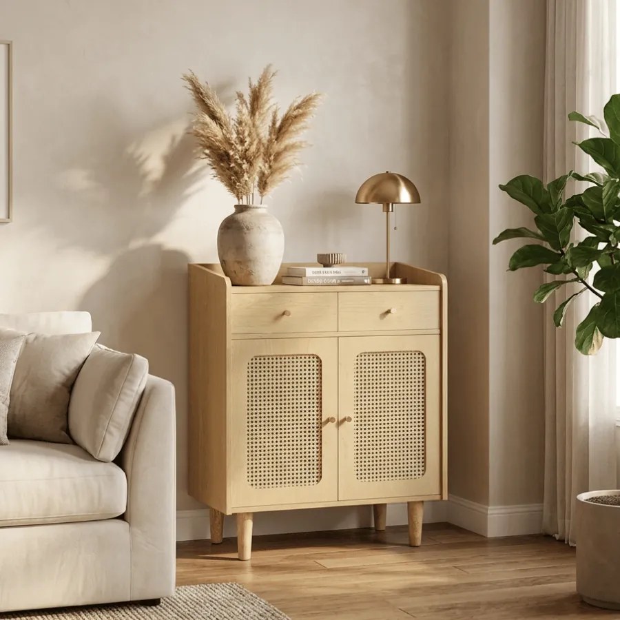 Aparador com portas em estilo Rattan 40 x 70 x 90 cm Coleção BOHOVEN bege carvalho