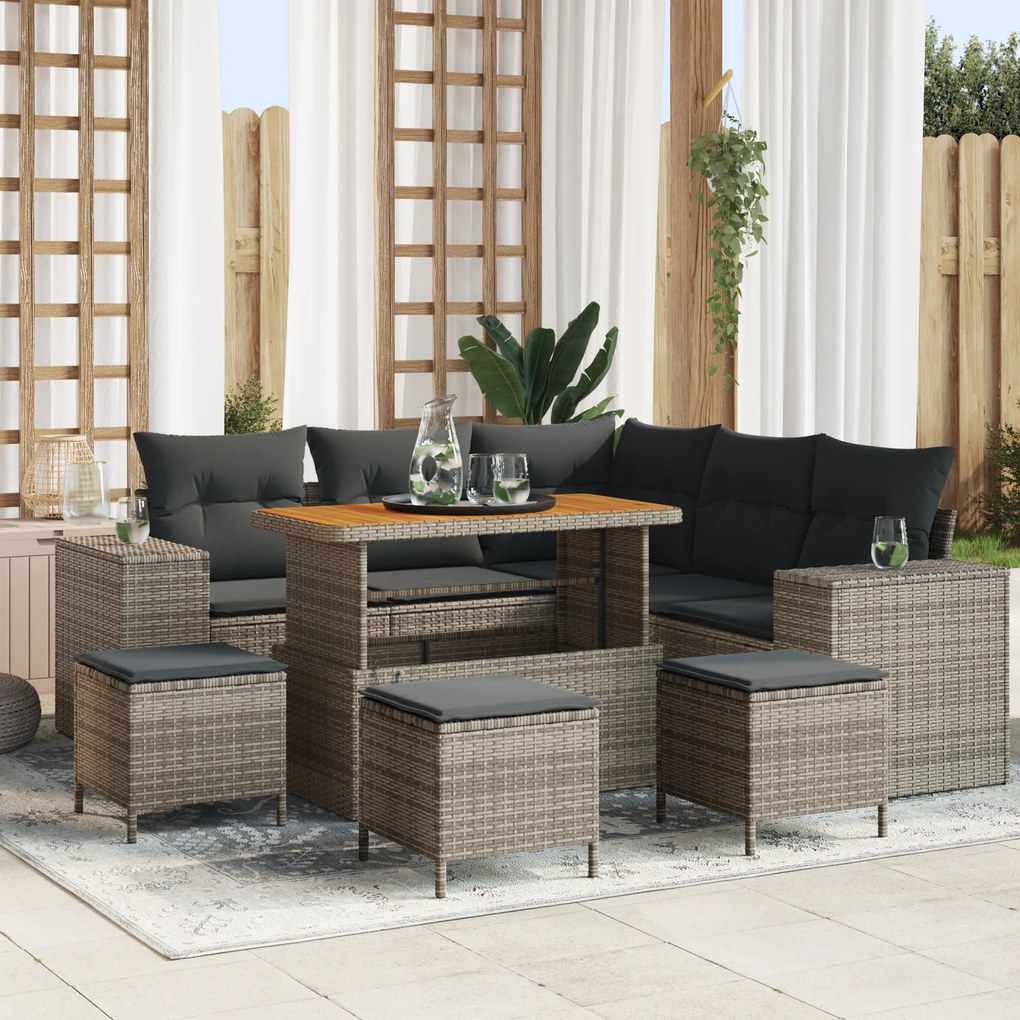 Conjunto de Sofá de Jardim de 9 Peças com Almofadas Cinza Rattan PE Acácia