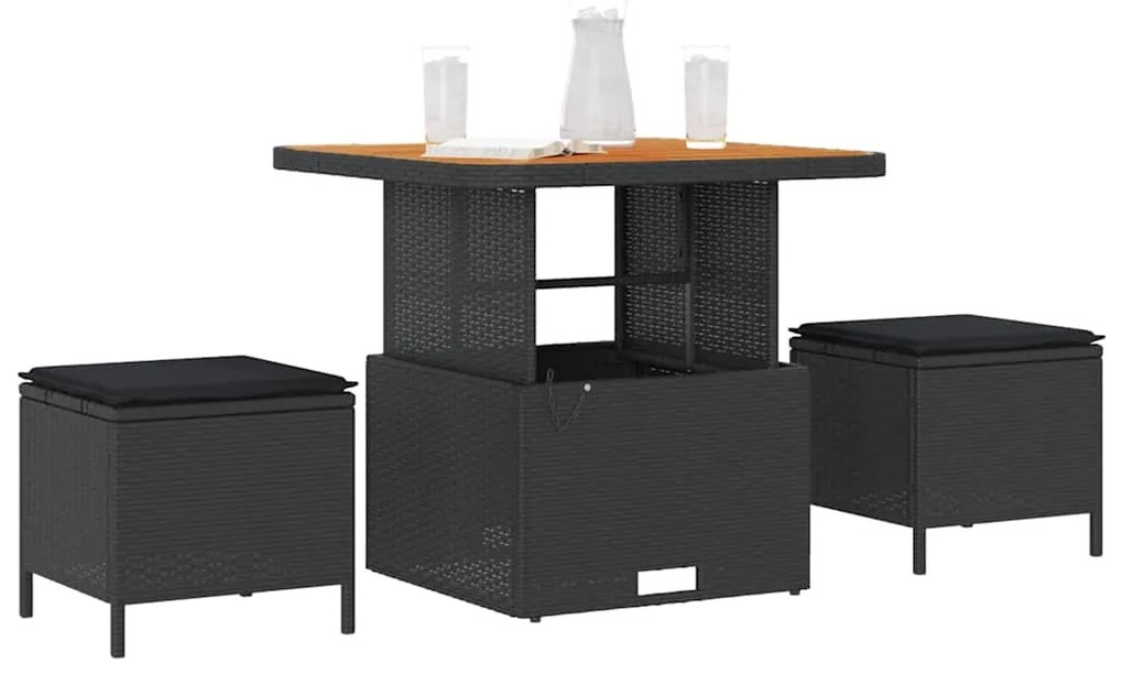 Conjunto de Jantar de Jardim 3 Peças com Almofadas Preto Rattan Sintét