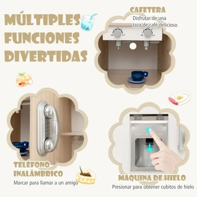 Cozinha infantil brincar em madeira 90 x 29 x 90 cm com luzes LED ajustáveis Bandejas e prateleiras de tecido removíveis Branca + Natural