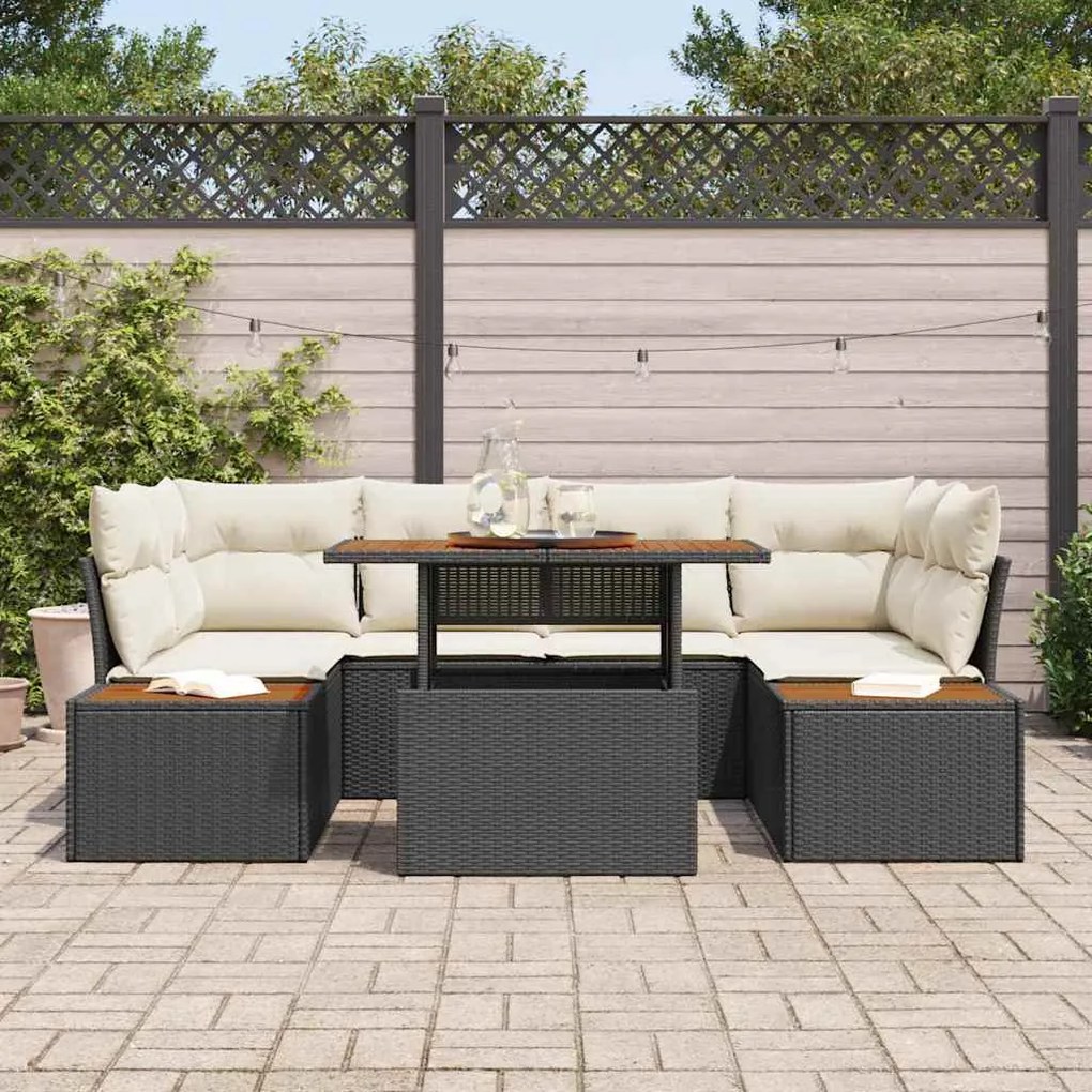 Conjunto de Jantar de Jardim 7 Peças com Almofadas de Rattan Preto e A