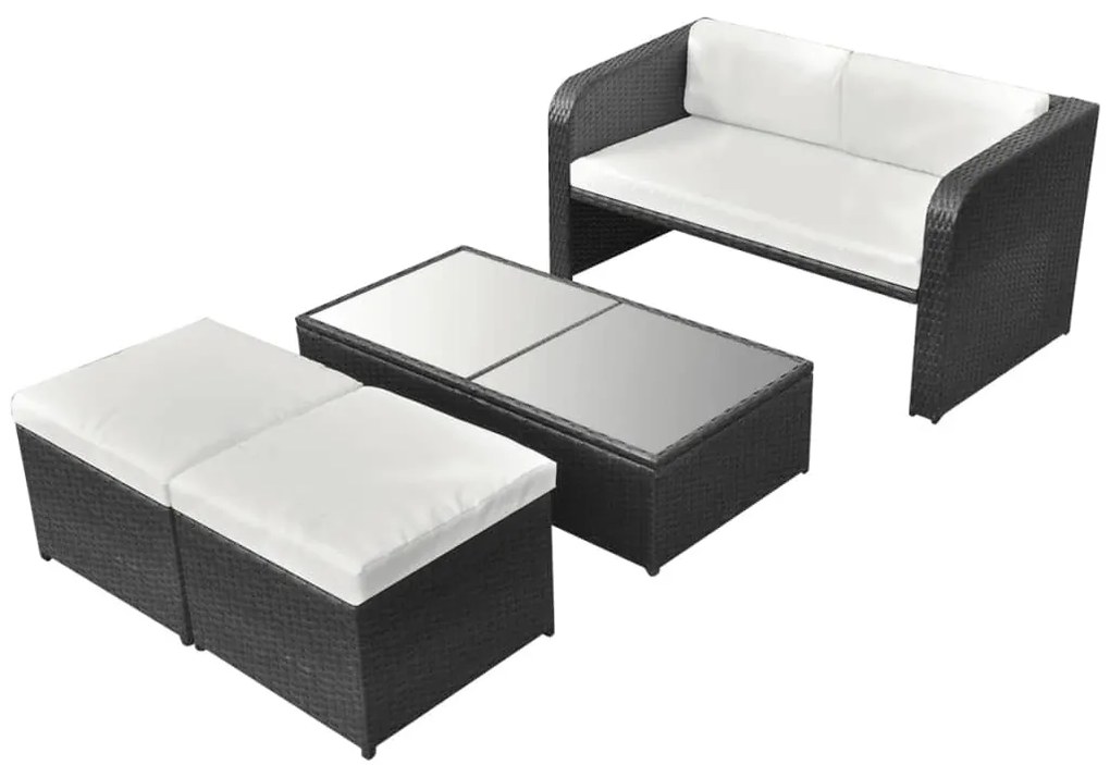 4 pcs conjunto lounge de jardim c/ almofadões vime PE preto