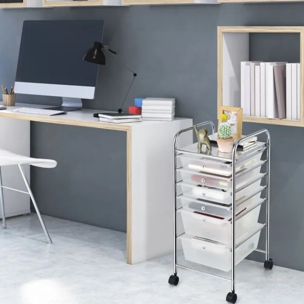 Carrinho com rodas auxiliar de armazenamento com 6 gavetas empilháveis removíveis para cozinha ou escritório 34 x 43,5 x 76 cm Transparenete