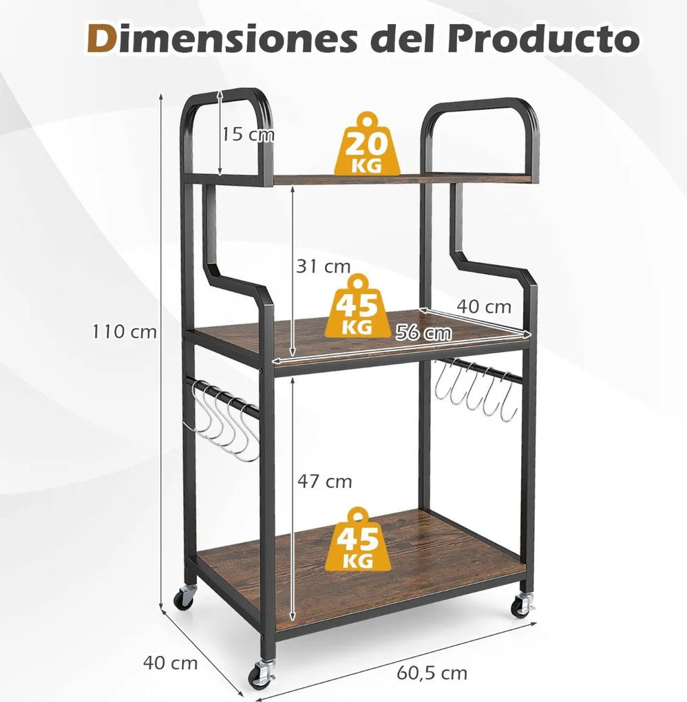 Suporte para impressora portátil 60 x 40 x 110 cm de 3 níveis com rodas, 10 ganchos em S, estrutura metálica Castanho rústico + Preto