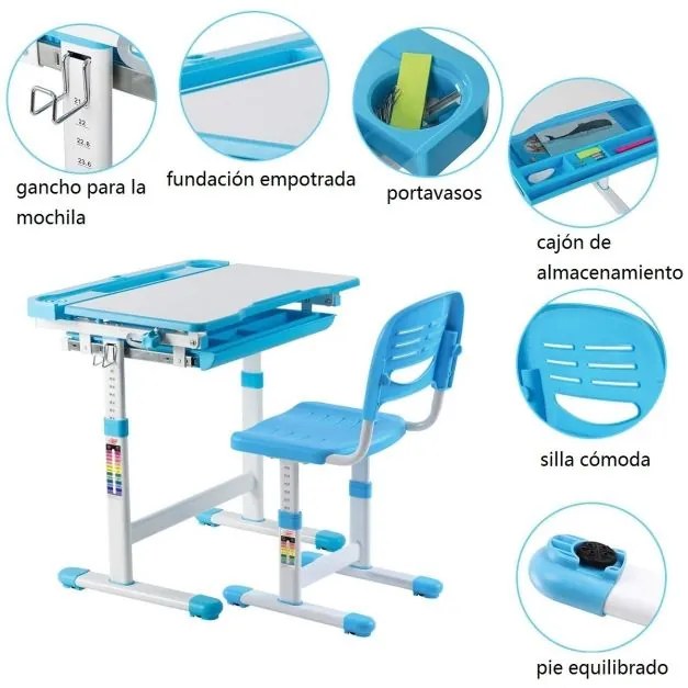 Secretária para crianças com Cadeira ajustável em altura com gaveta em ângulo 66 x 49 x (54,5 - 77) cm Azul