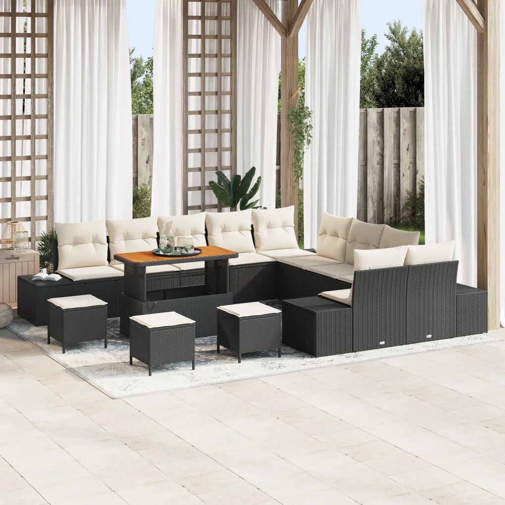 Conjunto de Sofá de Jardim vidaXL de 14 Peças com Almofadas Preto Polirattan Acácia