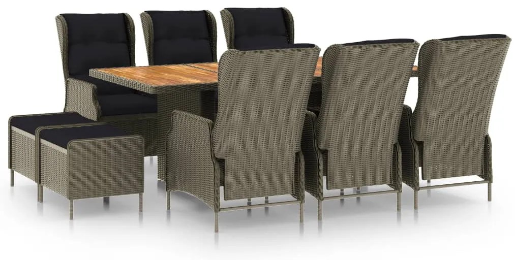 vidaXL 9 pcs conjunto jantar exterior com almofadões vime PE castanho