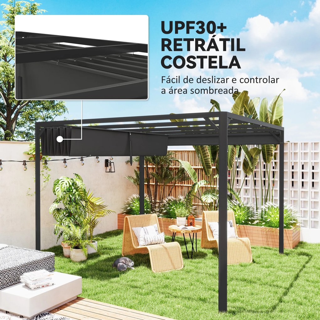 Pérgola de Jardim de Alumínio 3x3 m com Teto Retrátil e Lateral Enrolável UPF30+ Pérgola para Exterior Cinza